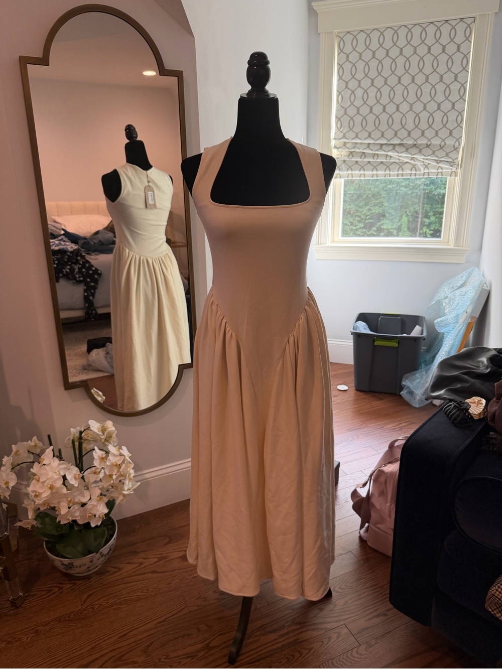 Meshki Sleeveless Square-Neck Midi Dress in Light Beige